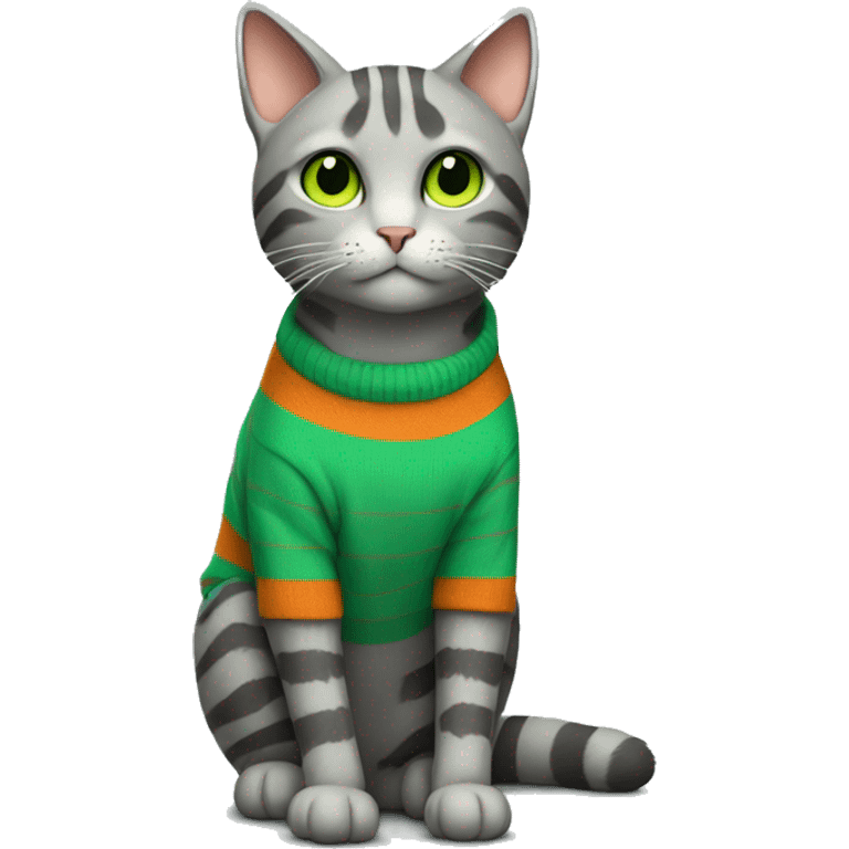 A striped grey cat with green eyes with orange sweater in full growth emoji