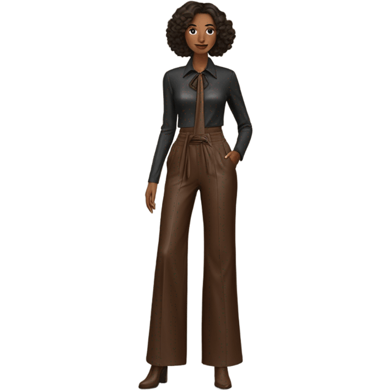 Dark brown High waisted leather wide leg pants with tie front emoji