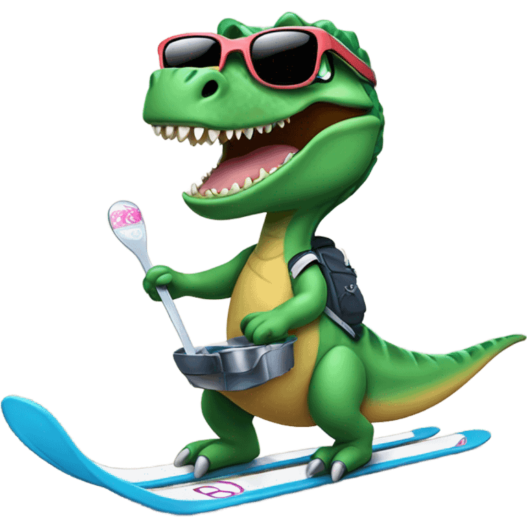 Dino on skis holding a spoon full of sugar and a lighter under it then the Dino needs swirling sunglasses emoji