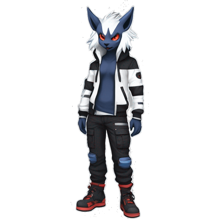 Cool Anthro Absol-Bat-Litten-Lynx-Pokémon with edgy stripes hoodie spiked collar punk techwear Cargo Pants Full Body emoji