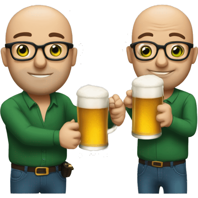 2 men, one bald and one with green eyes dark hair and glasses, kissing and holding a beer emoji