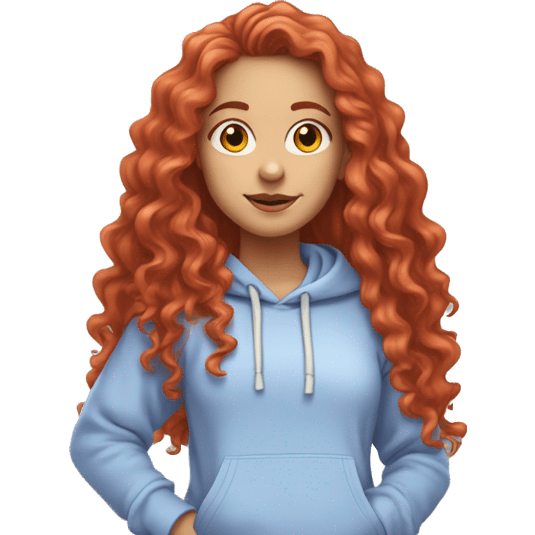 a white girl with long red curly hair, wearing a pastel periwinkle hoodie doing a pose emoji