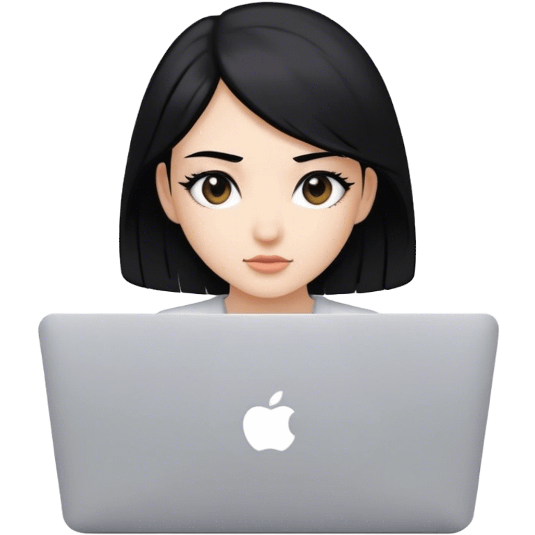 Beautiful programmer girl with black eyes and hair working with MacBook emoji