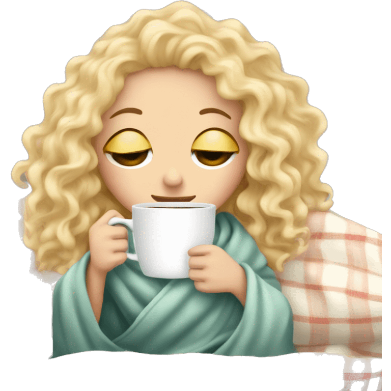 Blonde  hair curly girl inside a blanket sipping coffee eyes closed emoji