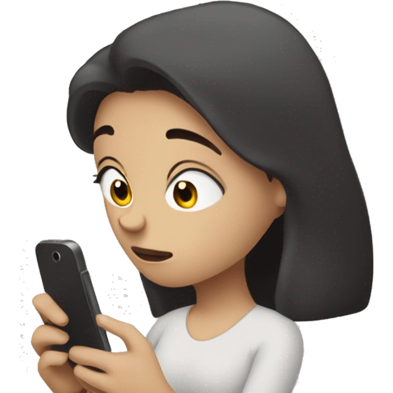 A girl with white skin and dark hair, with a sad face, holding her phone in her hand and typing a message, a message cloud on the side of it emoji