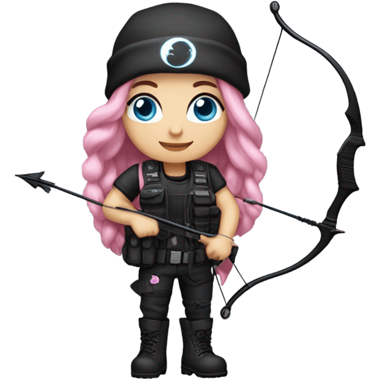 girl, white skin, tactical vest, dark pants, long pink hair, blue eyes, black beanie hat with crescent moon on front, black combat boots, bow and arrow emoji