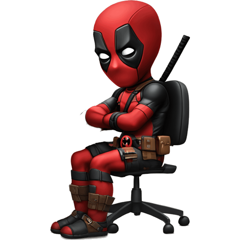 Cute Deadpool sitting at a desk, front view emoji