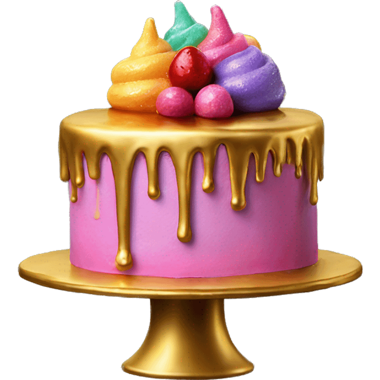 Realistic isolated colorful cake with metallic gold icing dripping from top and all down along the cake emoji