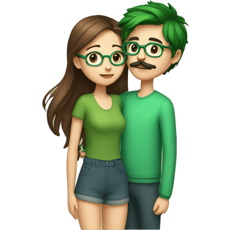 A boy with brown hair and a mustache is kissing a green haired girl wearing glasses emoji