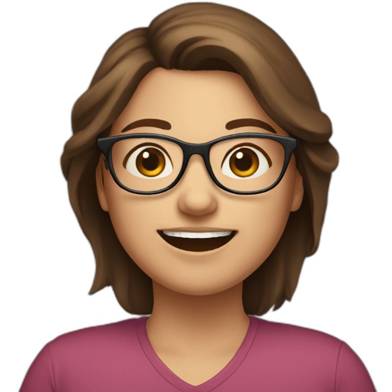 a brown hair woman with glasses and a smile, little chubby, with rosed cheeks emoji