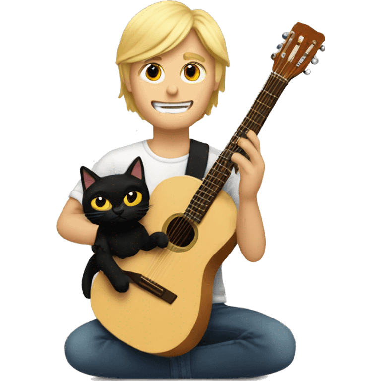 A blond man plays the guitar and has a black cat sitting on his shoulder emoji