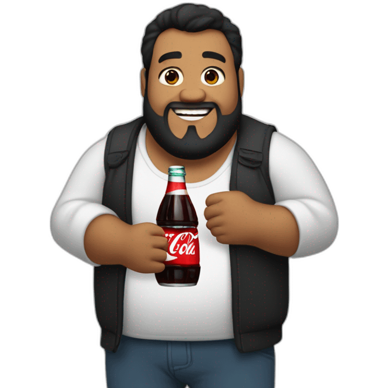 fat man, black hair and beard holding a bottle of Coca-Cola emoji