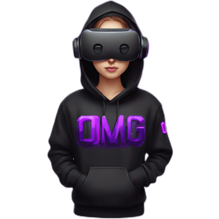 Russian student wearing black hoody with violet letters "OMG", in vr headset. Cyberpunk style. Violet neon. emoji