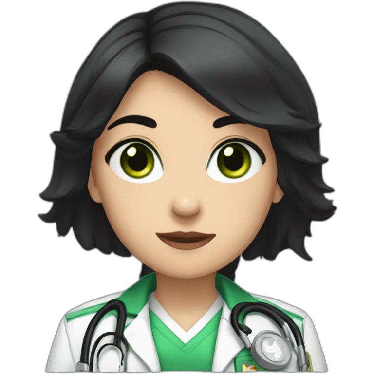 a medic girl with cream, shoulder-length black hair, with accessories, green eyes emoji