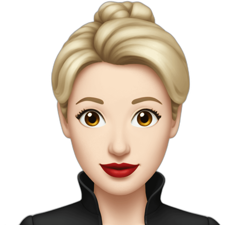 Elizabeth Holmes, theranos, black turtleneck, red lipstick, hair in bun, holding vial emoji