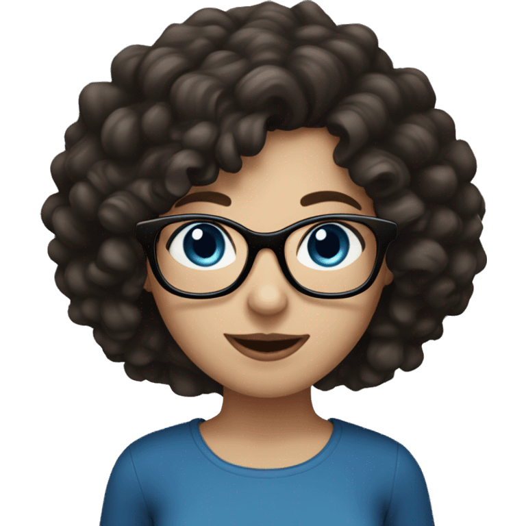 pale female with black glasses, blue eyes and dark brown  curly hair emoji