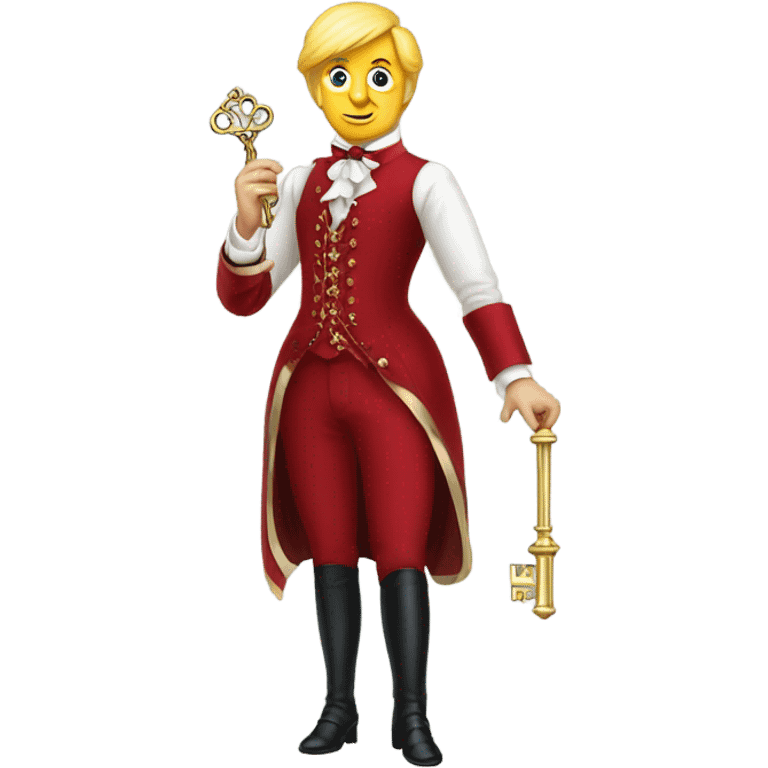 trump Victorian dress elegant red full body, holding big key emoji