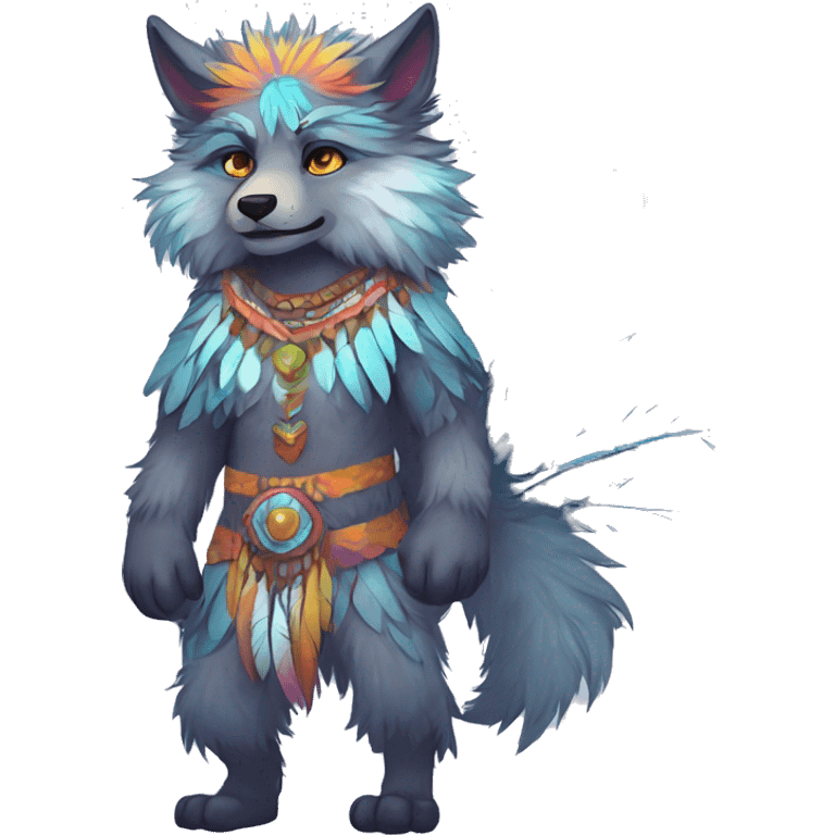 Anthro Fluffy Colorful Shy Spiritual Shamanic WereWolf-sona With Shiny Tribal Markings wearing feathers Full Body emoji