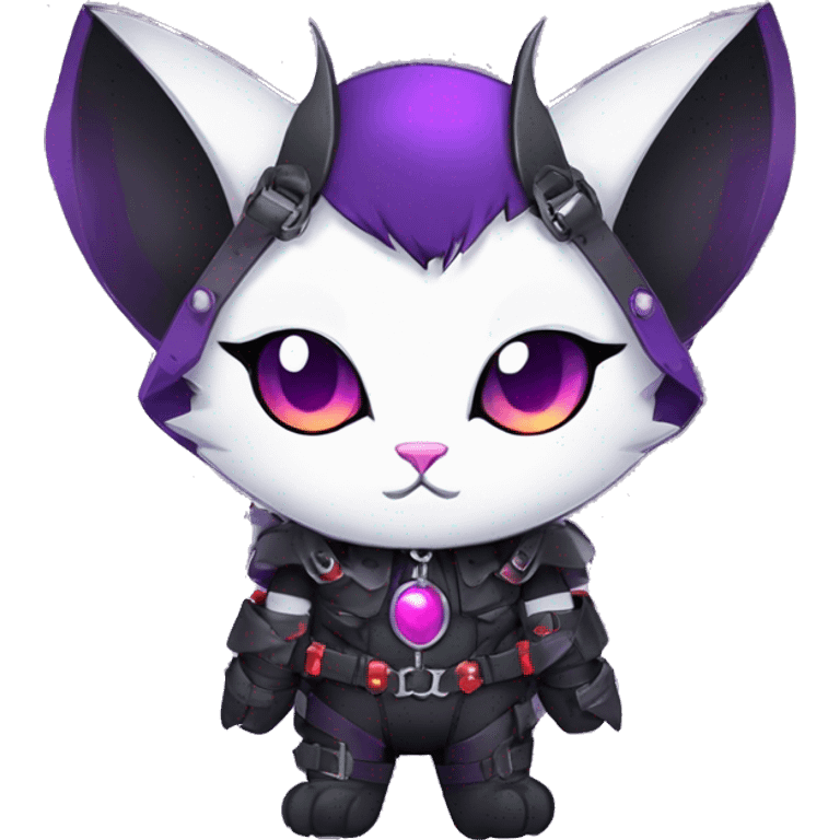 cool kawaii edgy evil techwear black purple red ethereal fantasy beautiful elegant bat-cat-Fakemon wearing legs spats a collar harness with jewelries full body emoji