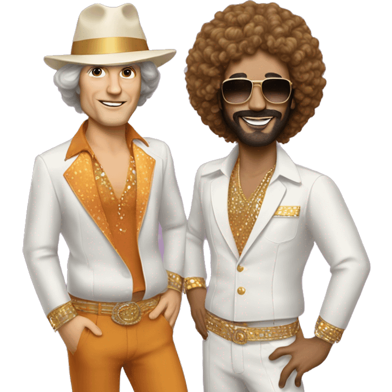 John Sideris and DJ Hanson dressed like 70s disco performers  emoji