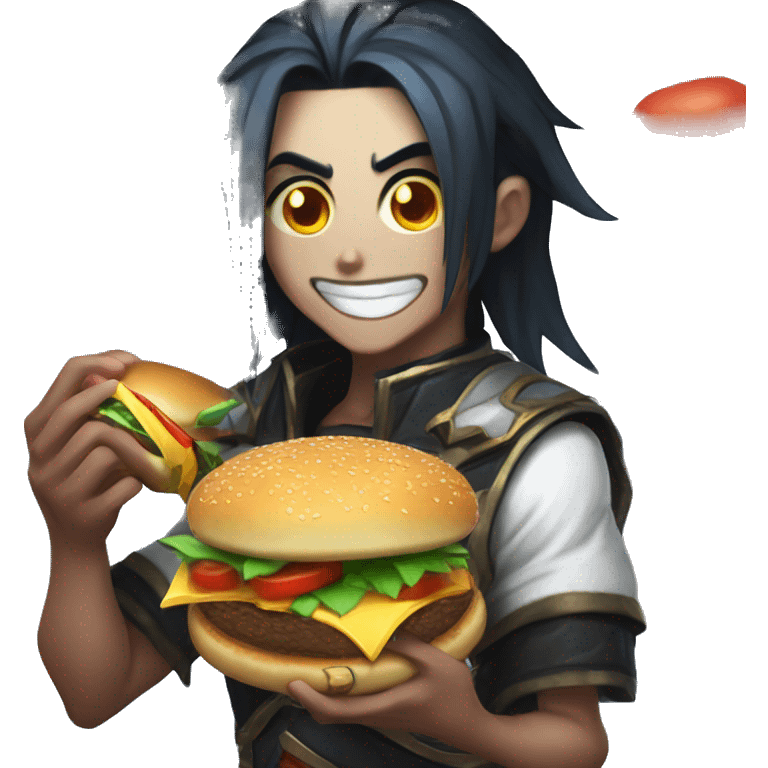 kayn from league of legends eating an hamburger 2d anime sty emoji