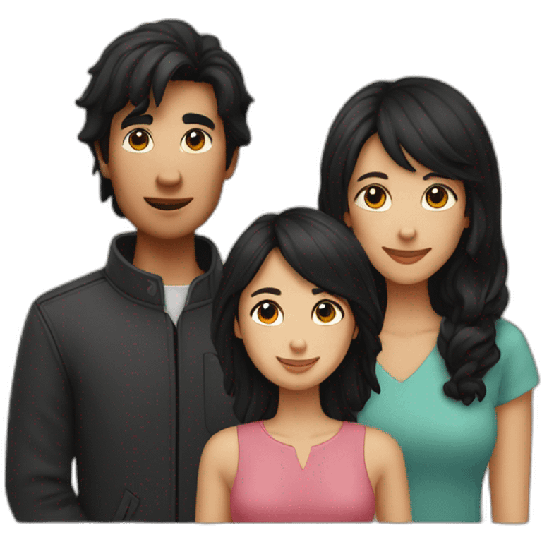 couple, a little Men with Long black hair, a girl with short brown hair ; and black spitz emoji