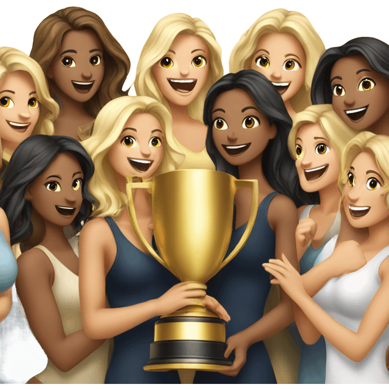 Eight beautiful blonde and Latina women celebrating with 1 huge gold trophy emoji