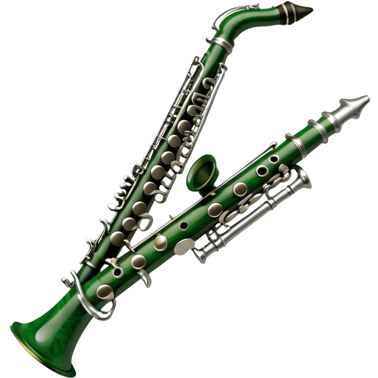 Create an elegant and refined emoji representing the Buffet Crampon Legende Green Line A clarinet. The design should showcase the sleek, dark wood finish of the clarinet with its shiny metal keys and elegant detailing. Include the distinct, high-quality features of the Green Line model, such as the unique greenish tint of the wood, giving it a modern and sophisticated look. Add subtle elements like the mouthpiece with the reed, emphasizing its importance in sound production. Use dark tones like ebony, silver for the keys, and soft light reflections to evoke a professional, classical feel. The background should be transparent. emoji