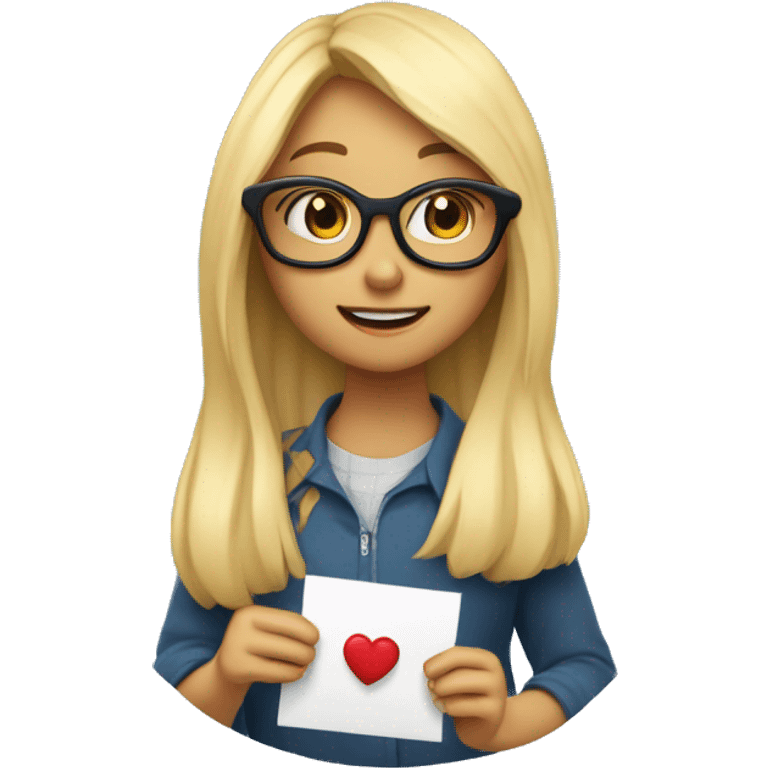 A blond girl with long hair and with glasses holding a heart enveloppe in her hand and pulling a letter that says ‘im sorry tony’ emoji