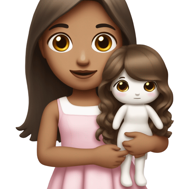 Little Girl with White skin, black eyes. Long brown hair with. She is wearing a pink and White dress, standing and holding on to a doll emoji