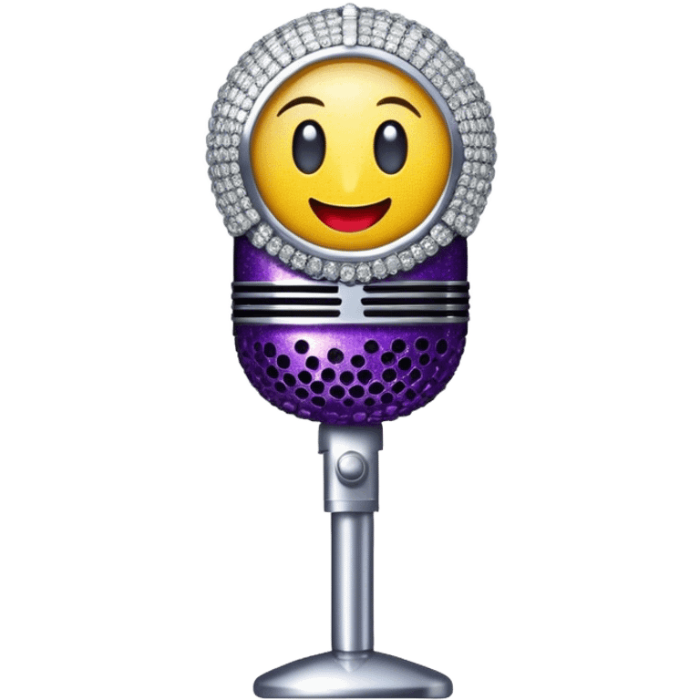 Create a glamorous and vibrant emoji representing stage vocal performance. The design should feature a humanless collage of classic vintage microphone, stage costume covered in rhinestones, sparkling brightly. The costume should be stylized, with glittering elements like sequins and sparkles, and reflect the glitzy, extravagant nature of show business. The microphone should have a sleek, retro look with chrome or metallic accents. Use rich, dazzling colors like gold, silver, deep purple, and bright red to evoke the glamorous, larger-than-life feel of a stage performance. The background should be transparent. emoji