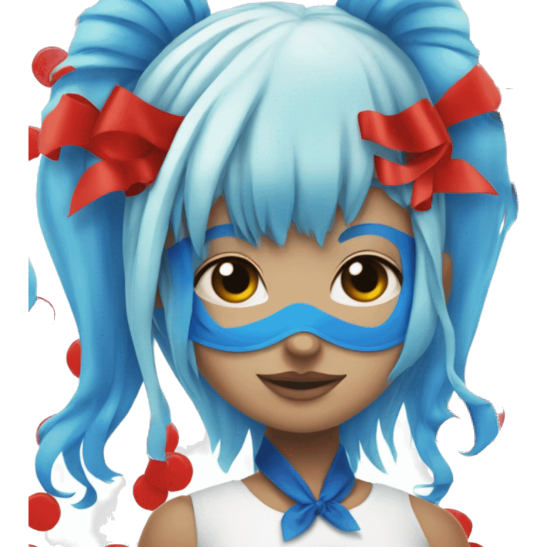 Girl with blue hair two ponytails on the side with red ribbons on it and a red mask with black dots on it emoji