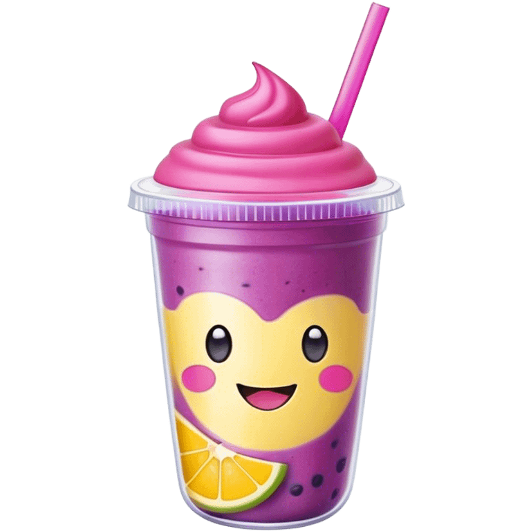 Cute Kawaii Smoothie Cup, filled with blended fruity goodness, a smiling face with excited eyes, bright colorful layers of pink, yellow, and purple, topped with a straw and tiny fruit slices! emoji