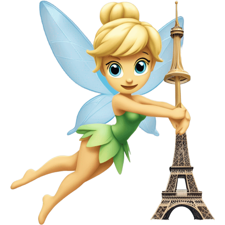 Tinker Bell flying wagging her wand over the Eiffel Tower emoji