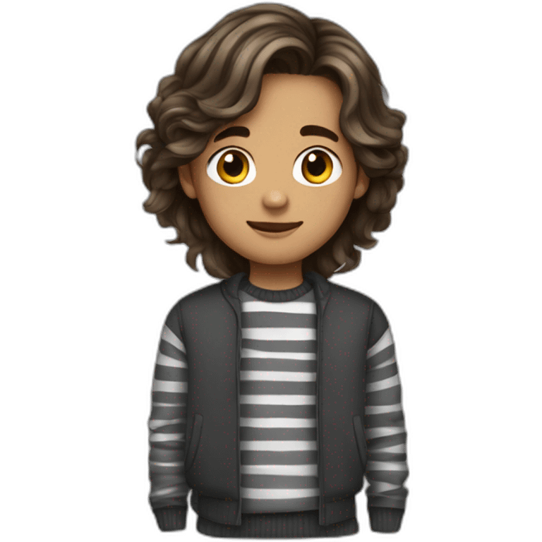 teenager boy brown long wavy hair and dark gray striped sweater emoji