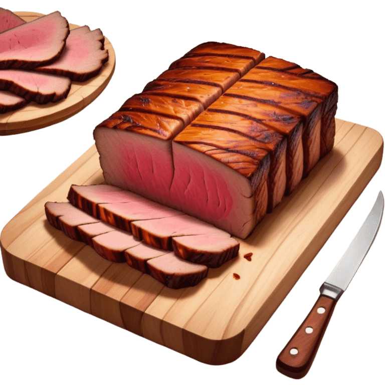 Cinematic smoked brisket, deep mahogany crust, perfectly sliced to reveal juicy marbled meat, warm smoky aroma, served on a wooden board, rich and flavorful, ultra-detailed and appetizing. emoji