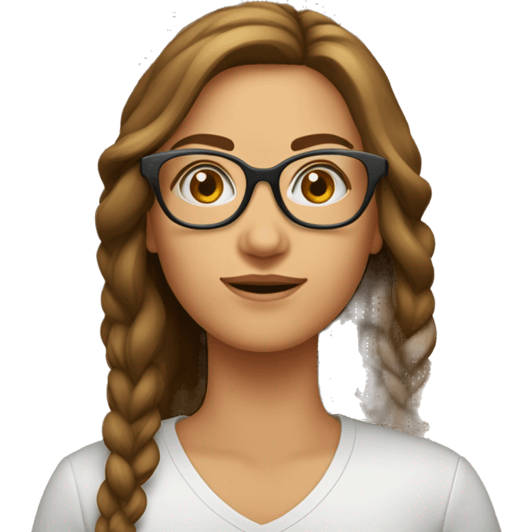 mulher branca, cabelo de cor castanho cachado e longo, usando oculos emoji