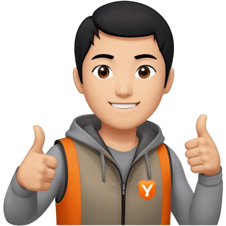 Black hair asian man giving a thumbs up. Wearing a grey shirt unhooded vest that has a very small logo on it, which shows a square in solid orange color and a simple white capitalized "Y" inside of it. emoji