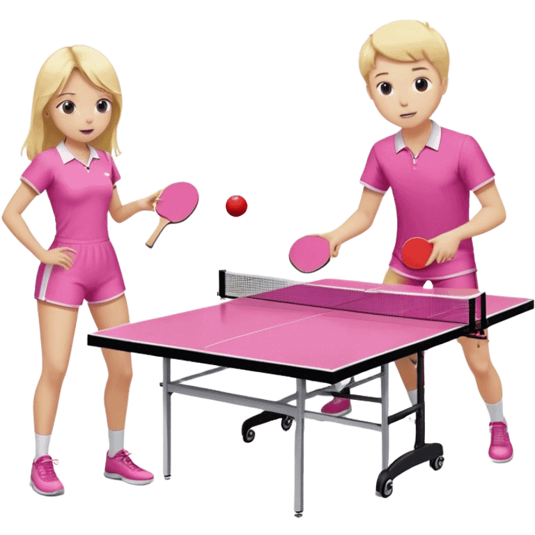 Make a girl and a boy playing ping pong against each other one is a white boy and one is a blonde girl in pink emoji