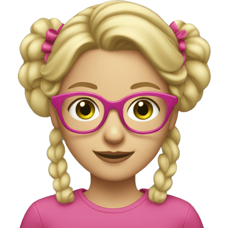 blonde girl in pink glasses, hairstyle in two bunches on her head. She has green eyes, a beautiful smile emoji