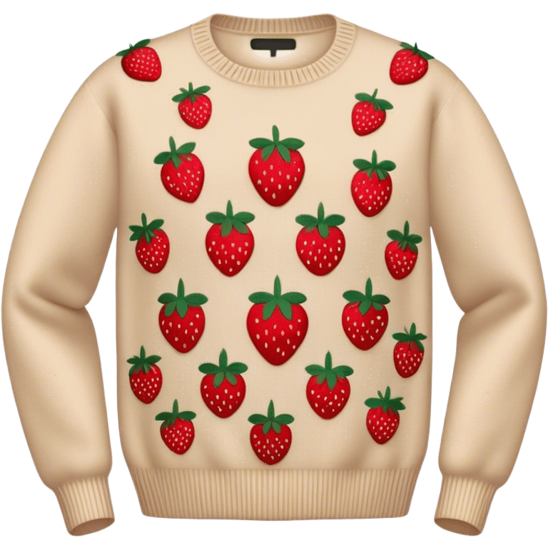 beige sweater embroidered with strawberries emoji