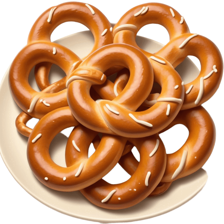 Cinematic Realistic Pretzels Dish Emoji, featuring freshly baked, twisted pretzels with a glossy, salted crust rendered with detailed textures and warm, appetizing lighting. emoji