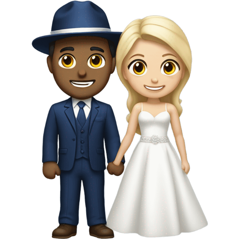 Puerto rican beard short hair with blue hat and navy blue suit getting Married with blond long hair girl with white  wedding dress  emoji