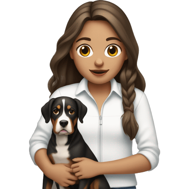 pale girl with long brunette hair holding a swiss mountain dog emoji