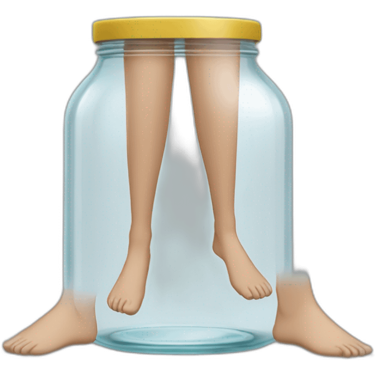 human legs standing on the floor with an ((empty transparent jar)) between them,outside,to the left and to the right,front view emoji