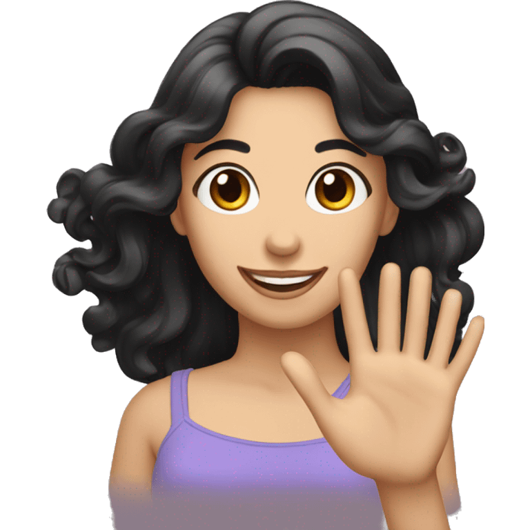 Happy woman with black hairs wave hand emoji