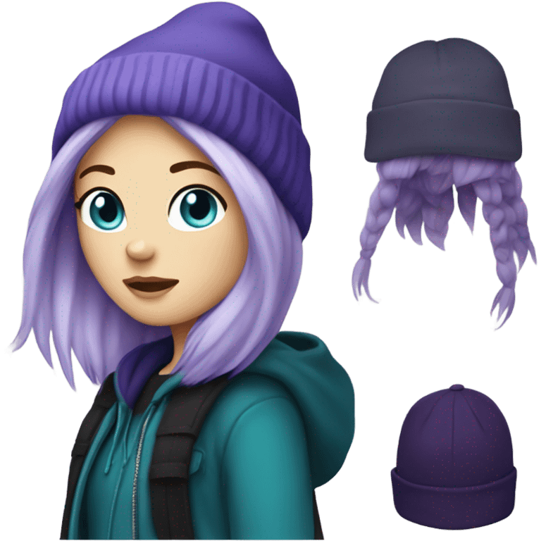 White girl, blue eyes, long teal hair, purple beanie hat, black hoodie, blue jeans, black shoes emoji