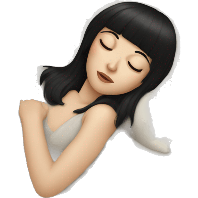 Woman pale skin black hair with bangs sleeping in bed with pillow, white woman emoji