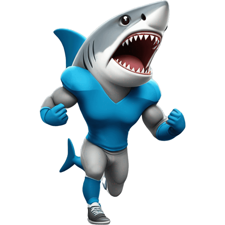 grey shark mascot, wearing blue football jersey, flexing emoji