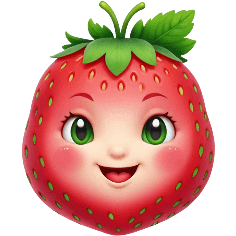 Cinematic plump happy strawberry, glossy bright red, tiny round eyes and blushing cheeks, green leafy top slightly tilted, cheerful and charming. emoji